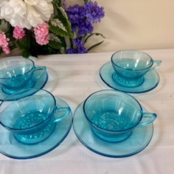 Hazel Atlas Turquoise Blue Glass Cup and Saucer Set Vintage Depression‎ Glass - Picture 2 of 6